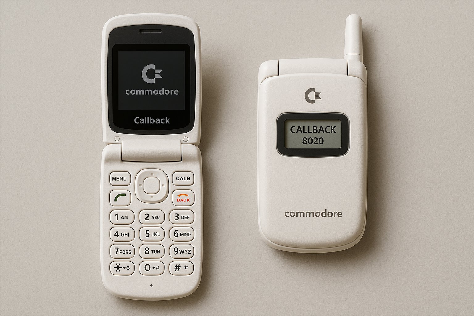 Commodore Callback 8020 flip phone in ProtoPET White colorway, shown open and closed