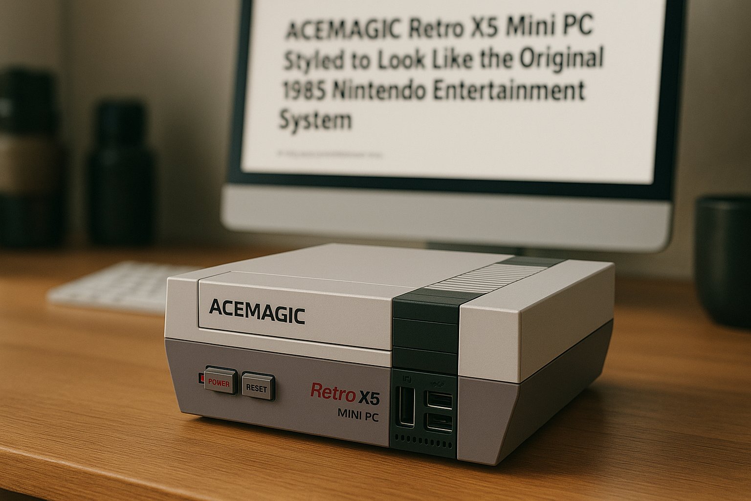ACEMAGIC Retro X5 NES-style mini PC on a desk