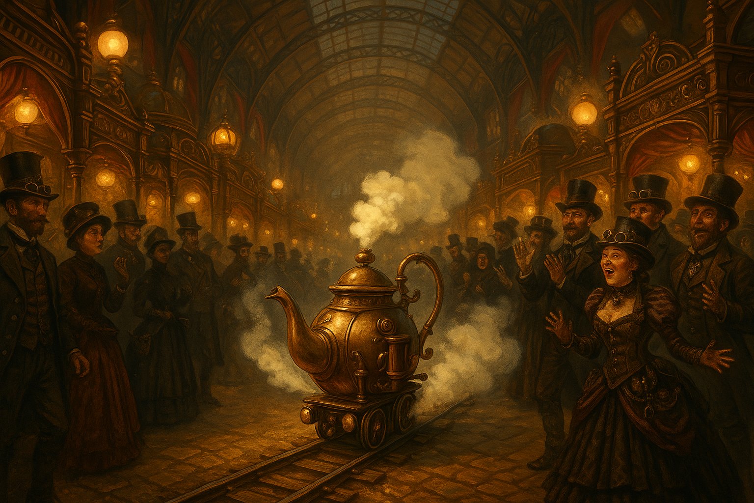 Steam-powered teapot race at the Galveston Steampunk Festival, elaborate Victorian costumes and brass-fitted booths in the background