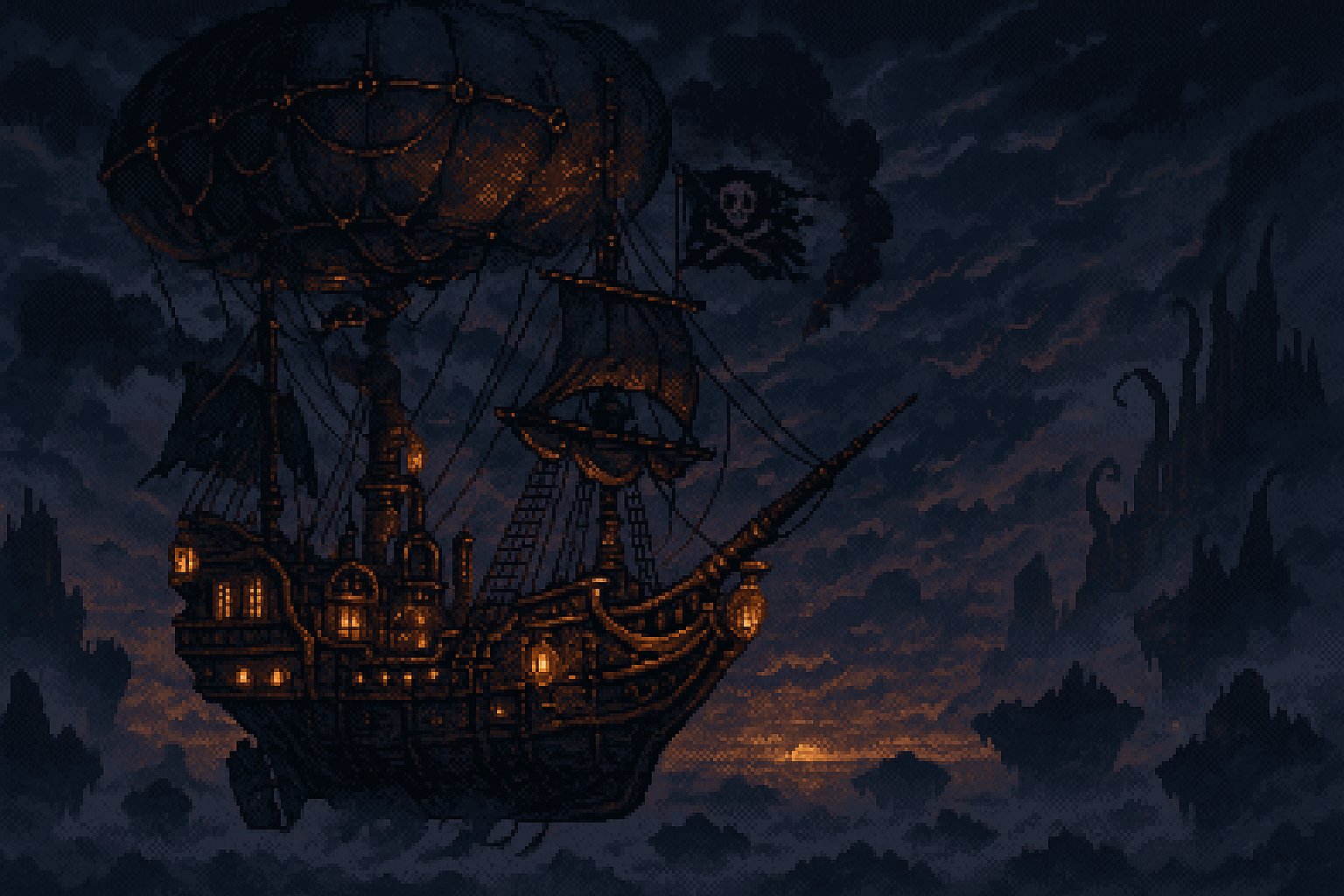 Dead Weight steampunk roguelite key art showing a flying pirate ship over misty floating islands with pixel art visuals