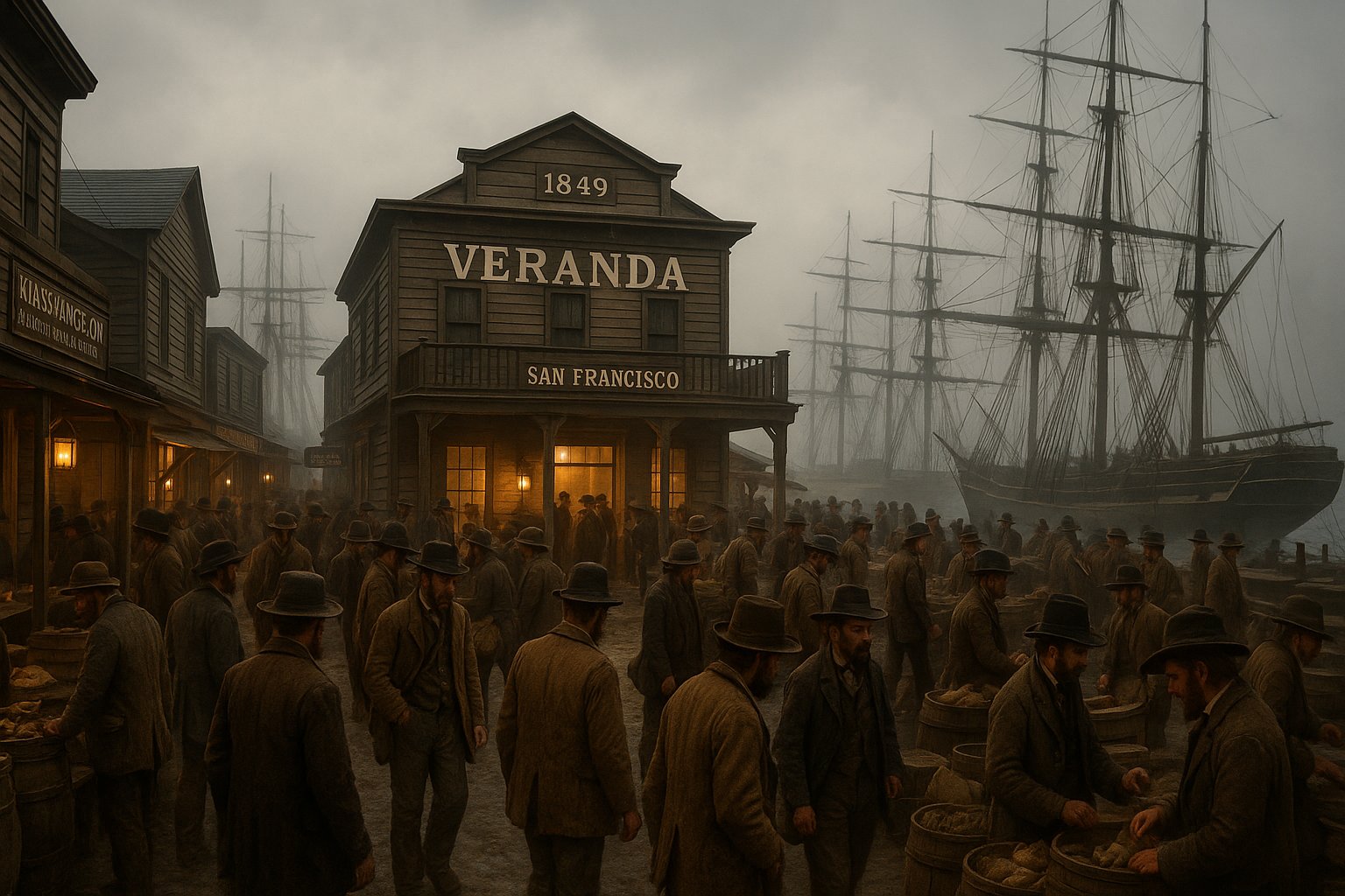 Immersive Gold Rush-era San Francisco scene at Pier 35, with period costumed performers, saloon stages, and Victorian maritime set pieces