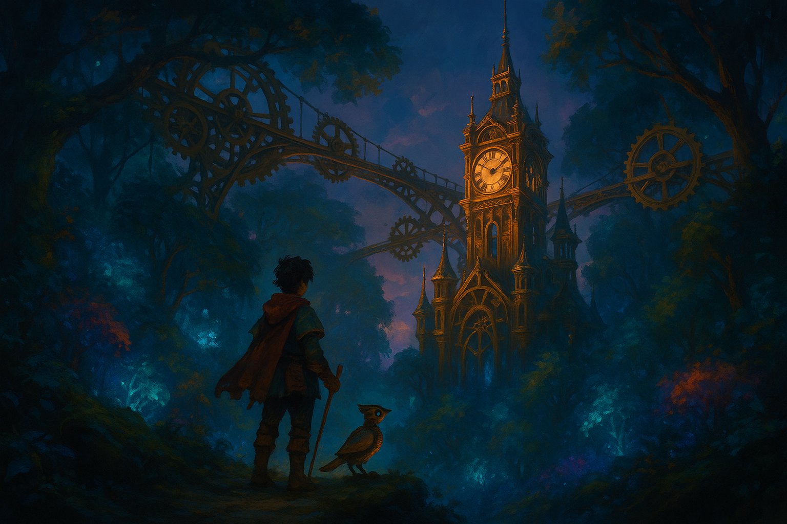 Duskfade clockpunk world showing Zirian and his mechanical bird Cuckoo amid ornate clock tower architecture and eternal night sky