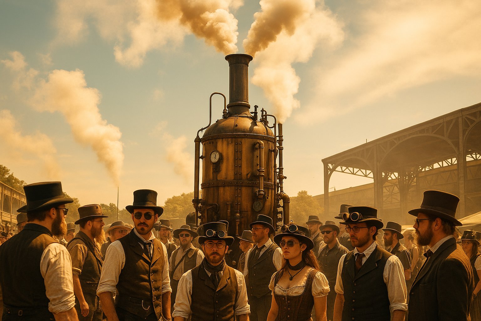 A massive brass steampunk boiler venting steam into a bright summer sky, surrounded by costumed steampunk convention attendees