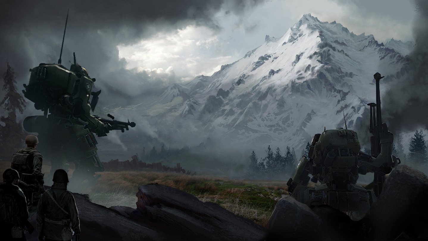 Diesel Knights game art showing dieselpunk mechs in a pulp-inspired World War II alternate history setting