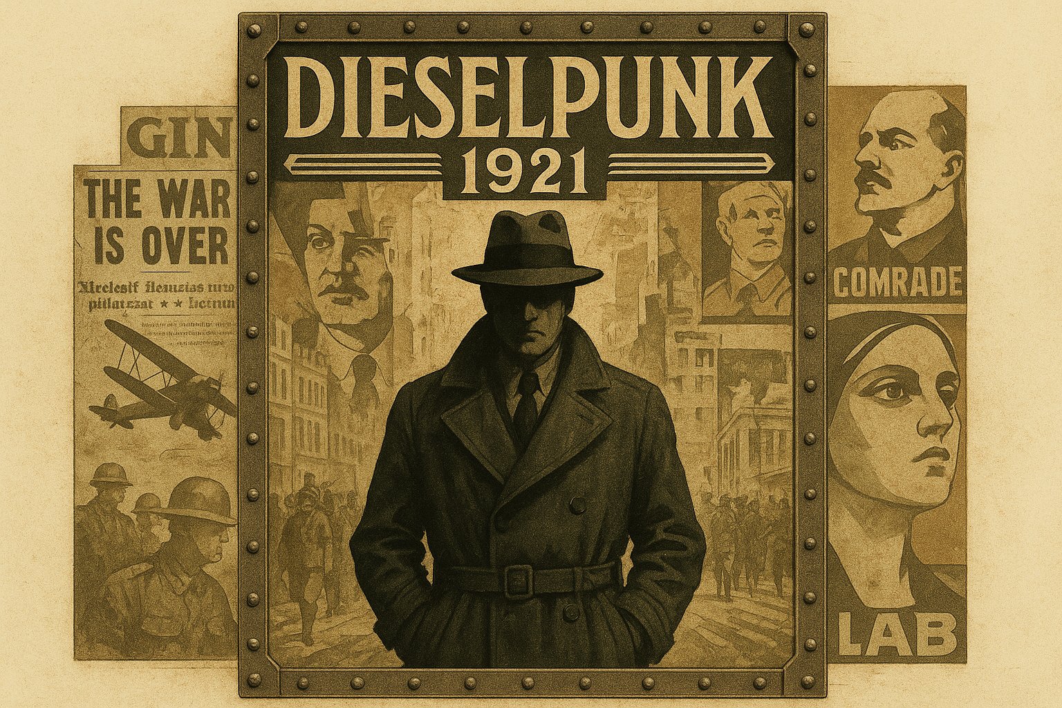 Dieselpunk 1921 free edition cover art showing interwar-era collage art with political intrigue themes