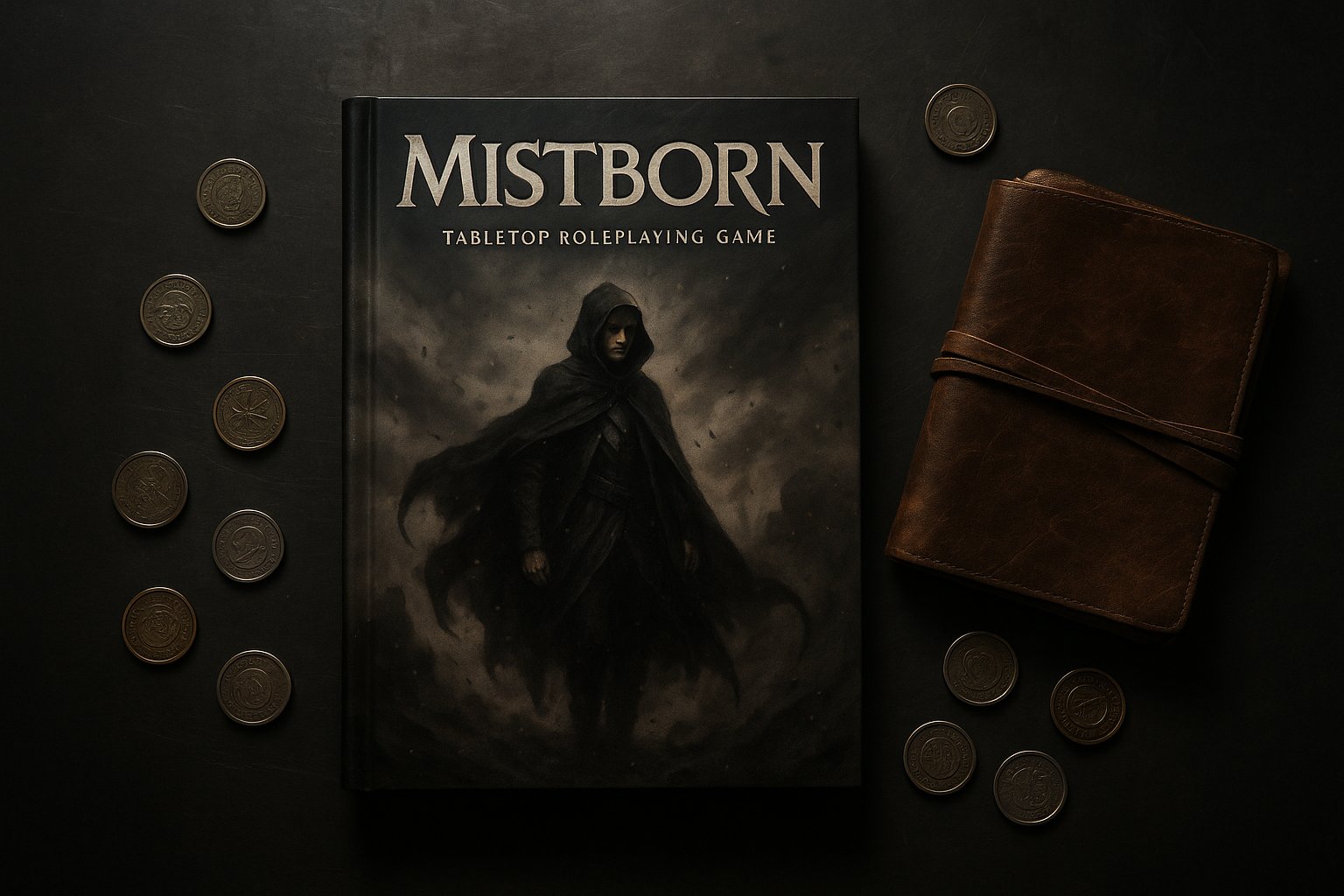 Cosmere RPG Mistborn book covers including the Handbook, World Guide, and Starter Set from Brotherwise Games