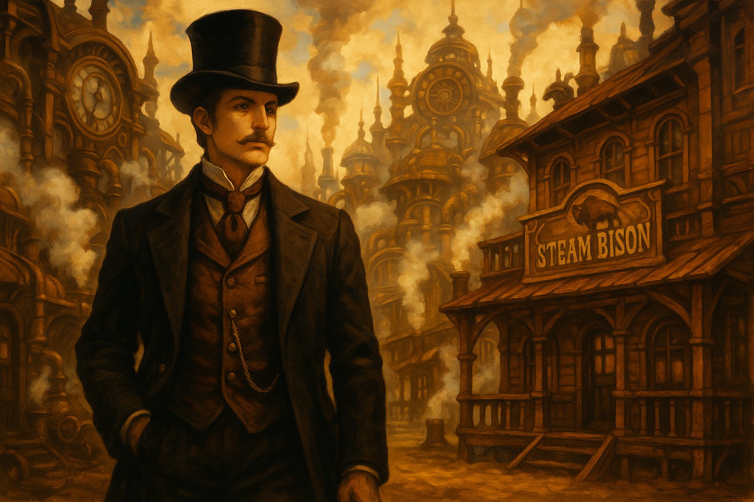 Professor Layton and the New World of Steam official art showing the Professor in a steampunk frontier town