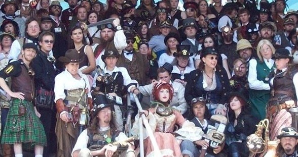 Large group of steampunk cosplayers gathered on the back stairs of the San Diego Convention Center for the Comic-Con steampunk meetup