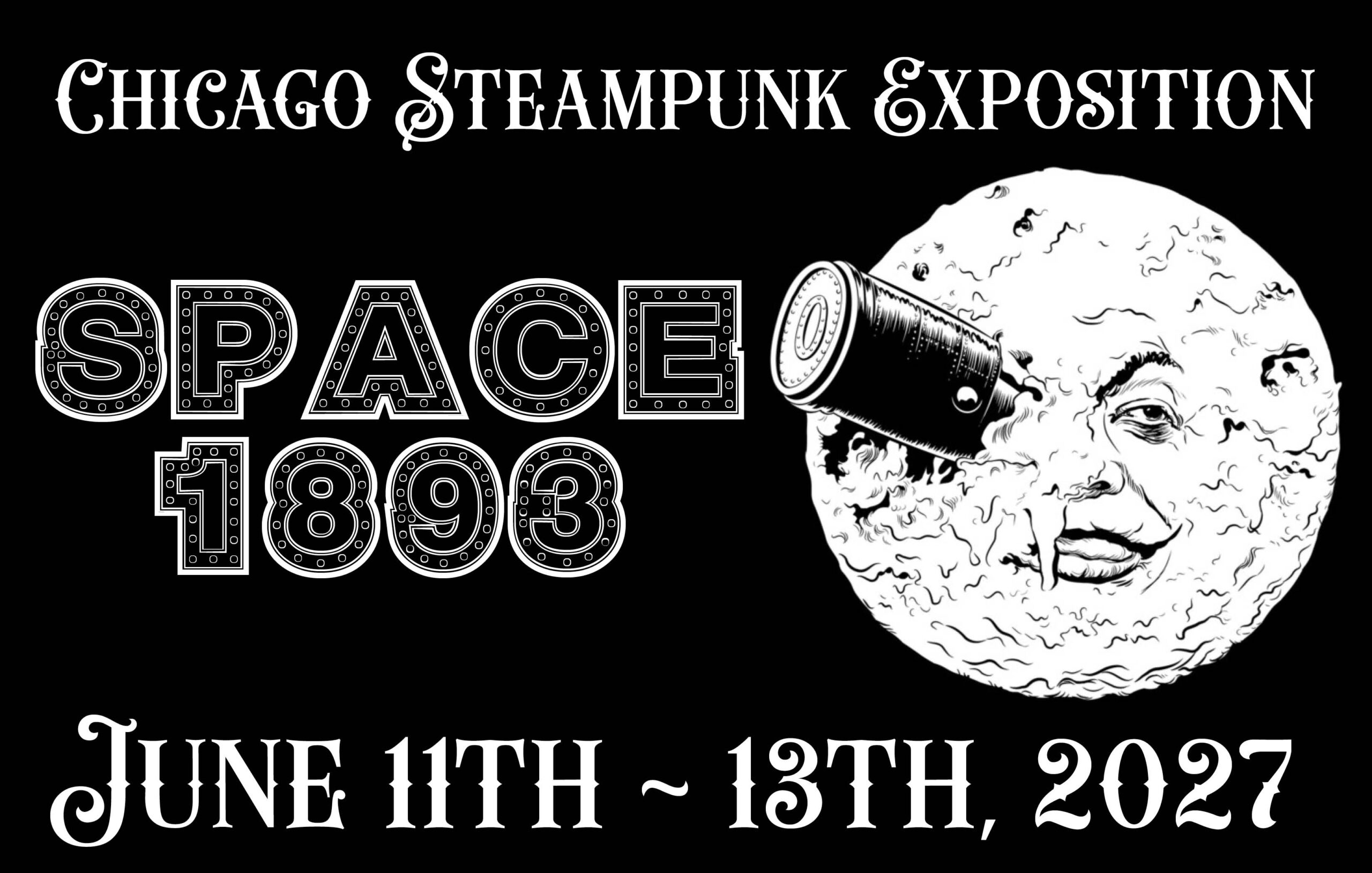 Chicago Steampunk Exposition 2027 promotional art featuring Victorian space travel theme with airships, astronauts in period costume, and retro-futurist imagery