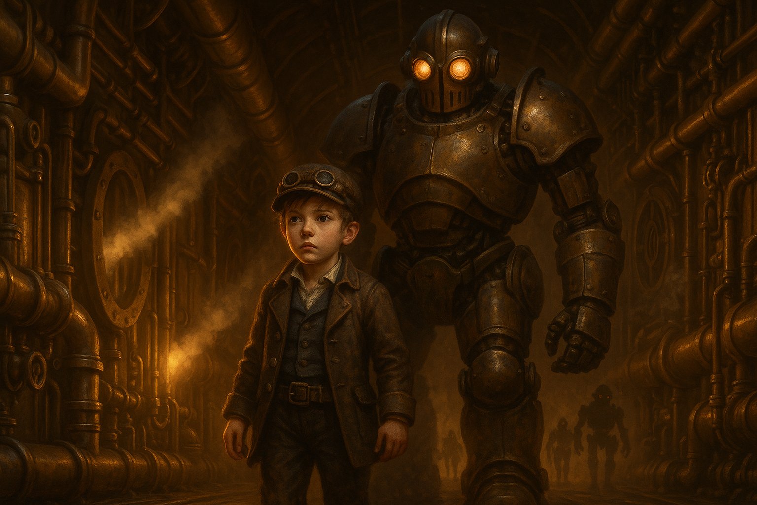 Screenshot or key art from They Will Come, showing the steampunk airship environment or Benjamin alongside his robot companion Talus