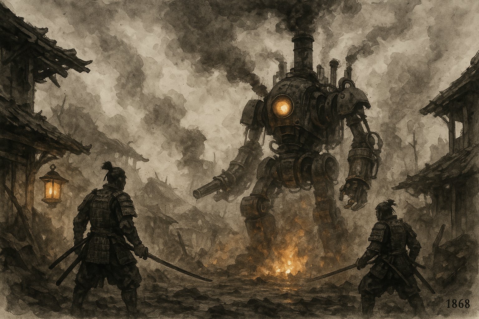 Shadow of the Road key art showing samurai warriors facing off against steampunk war machines in Bakumatsu-era Japan