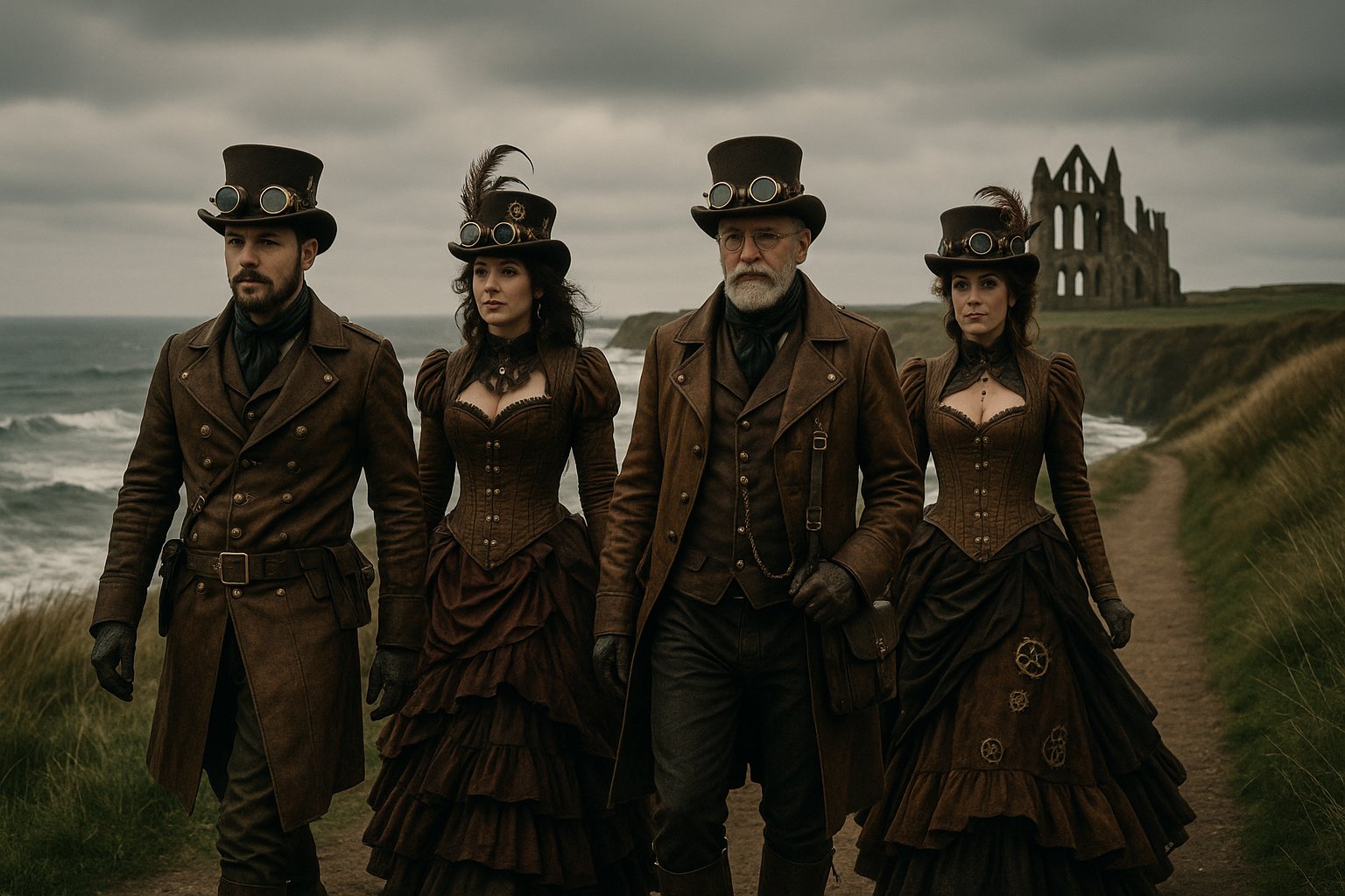 Elaborately costumed steampunk attendees at Whitby Pavilion on the North Yorkshire coast