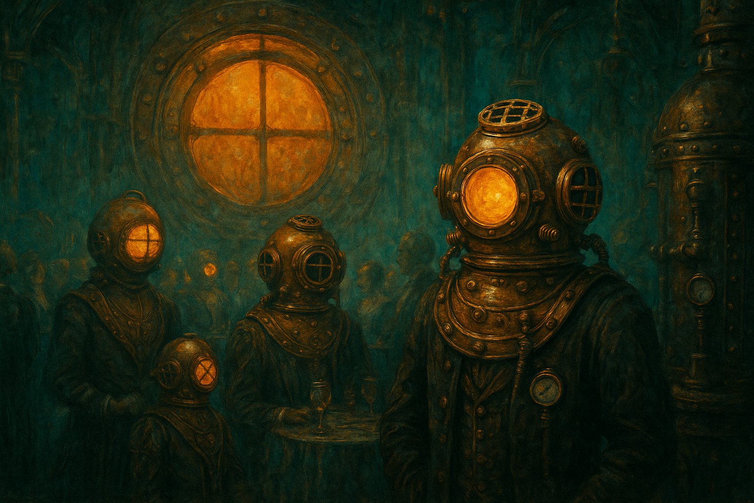 Steampunk deep-sea divers gathered at a Jules Verne nautical gala, brass helmets glowing amber beneath a ship's porthole