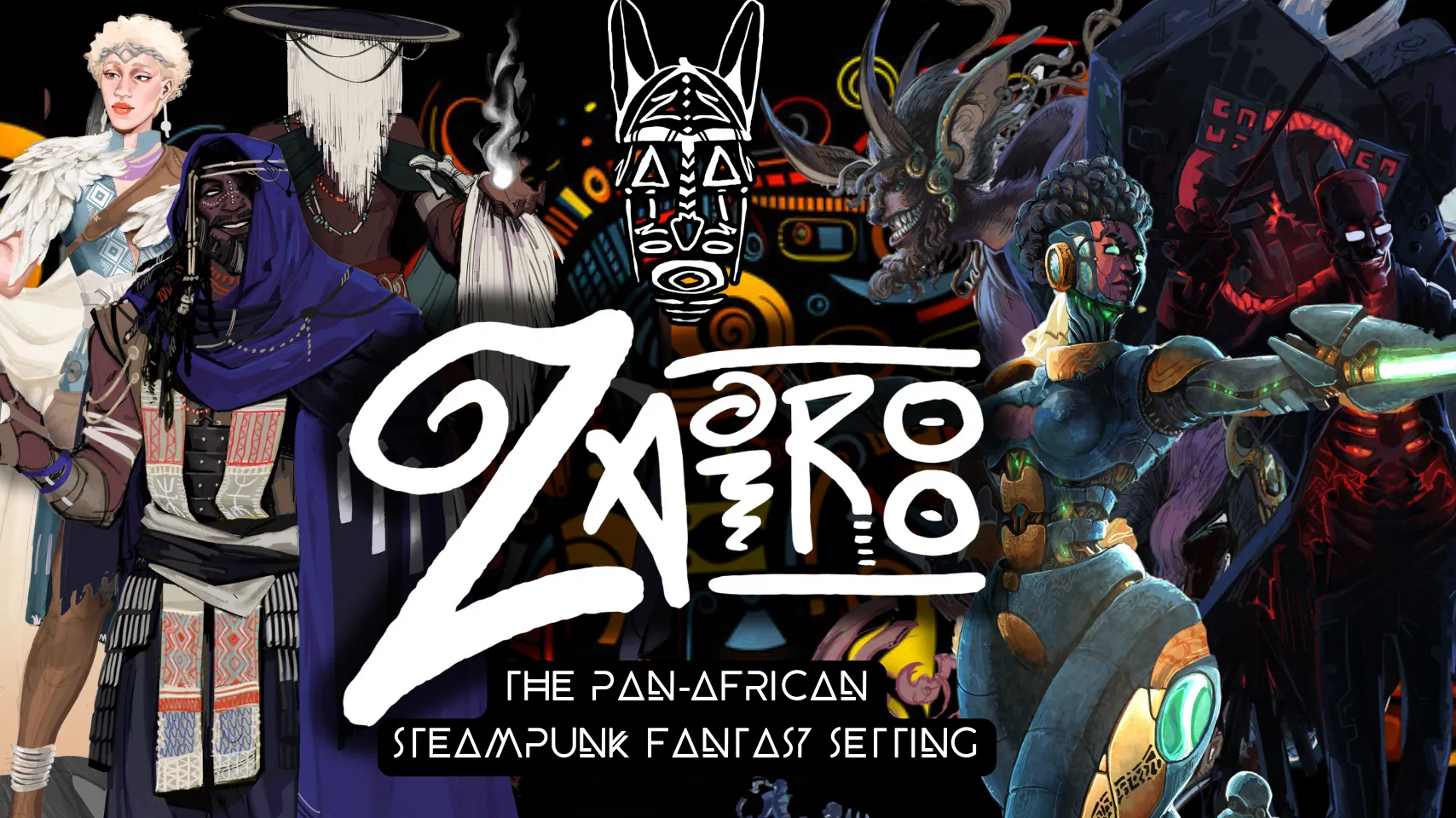 Zairoo Pan-African steampunk fantasy TTRPG key art showing warriors, steam technology, and African mythological imagery