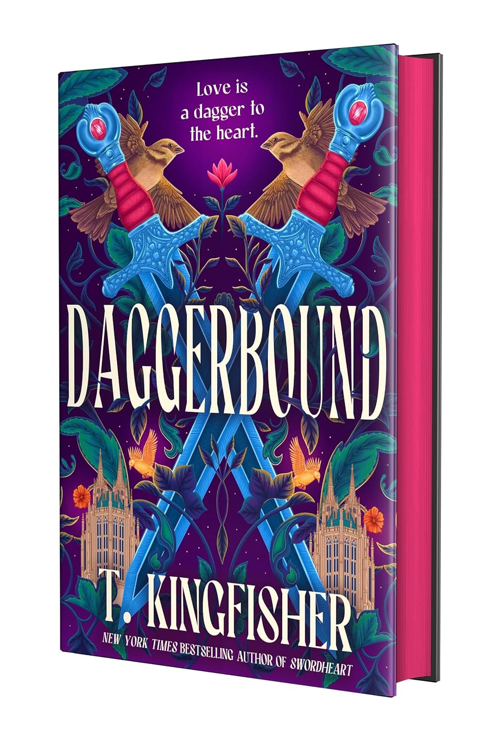Cover of Daggerbound by T. Kingfisher, showing two crossed daggers with birds at the hilt and golden buildings framed by swirling vines