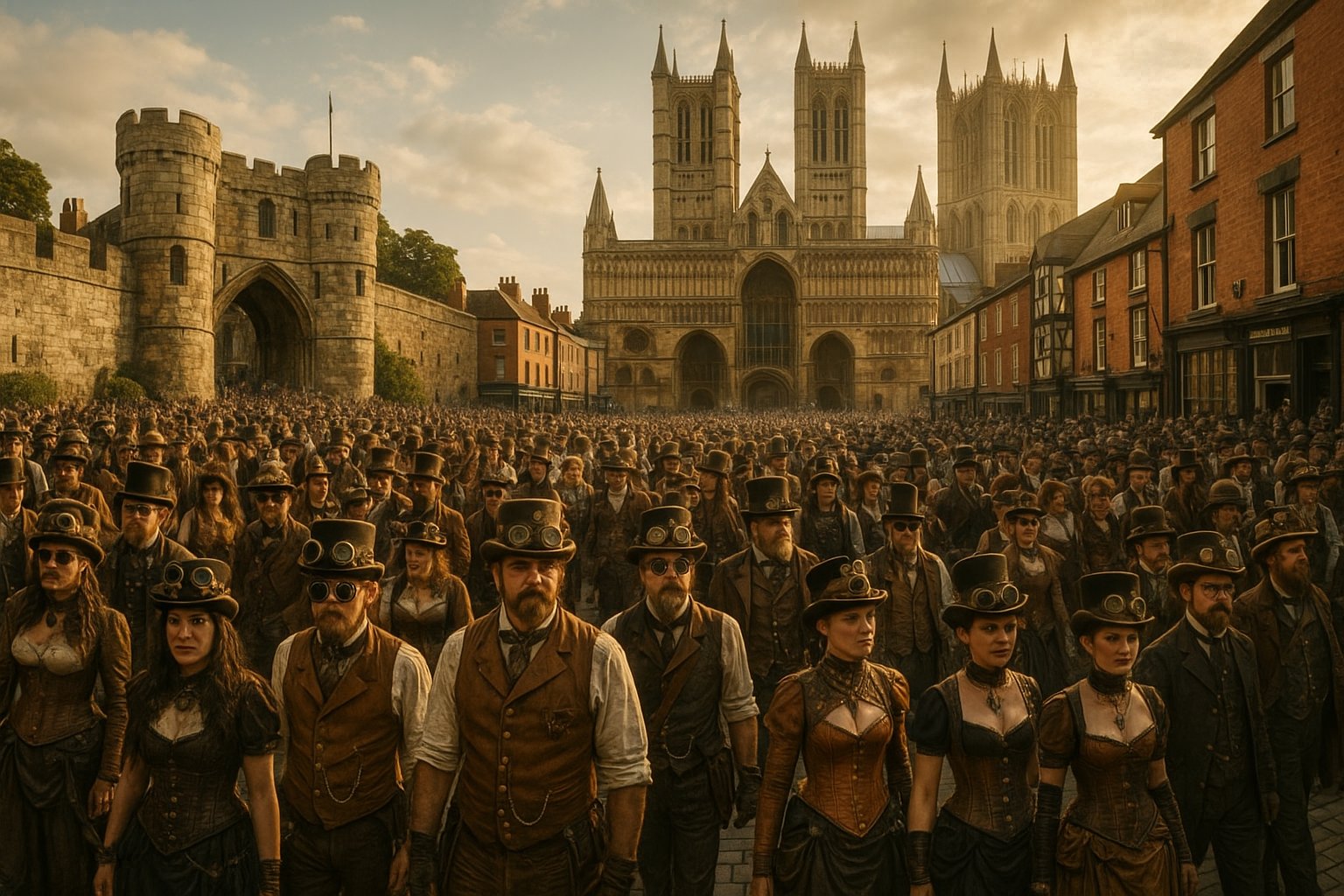 Weekend at the Asylum 16 promotional art showing steampunk costumed attendees in the historic streets of Lincoln, UK