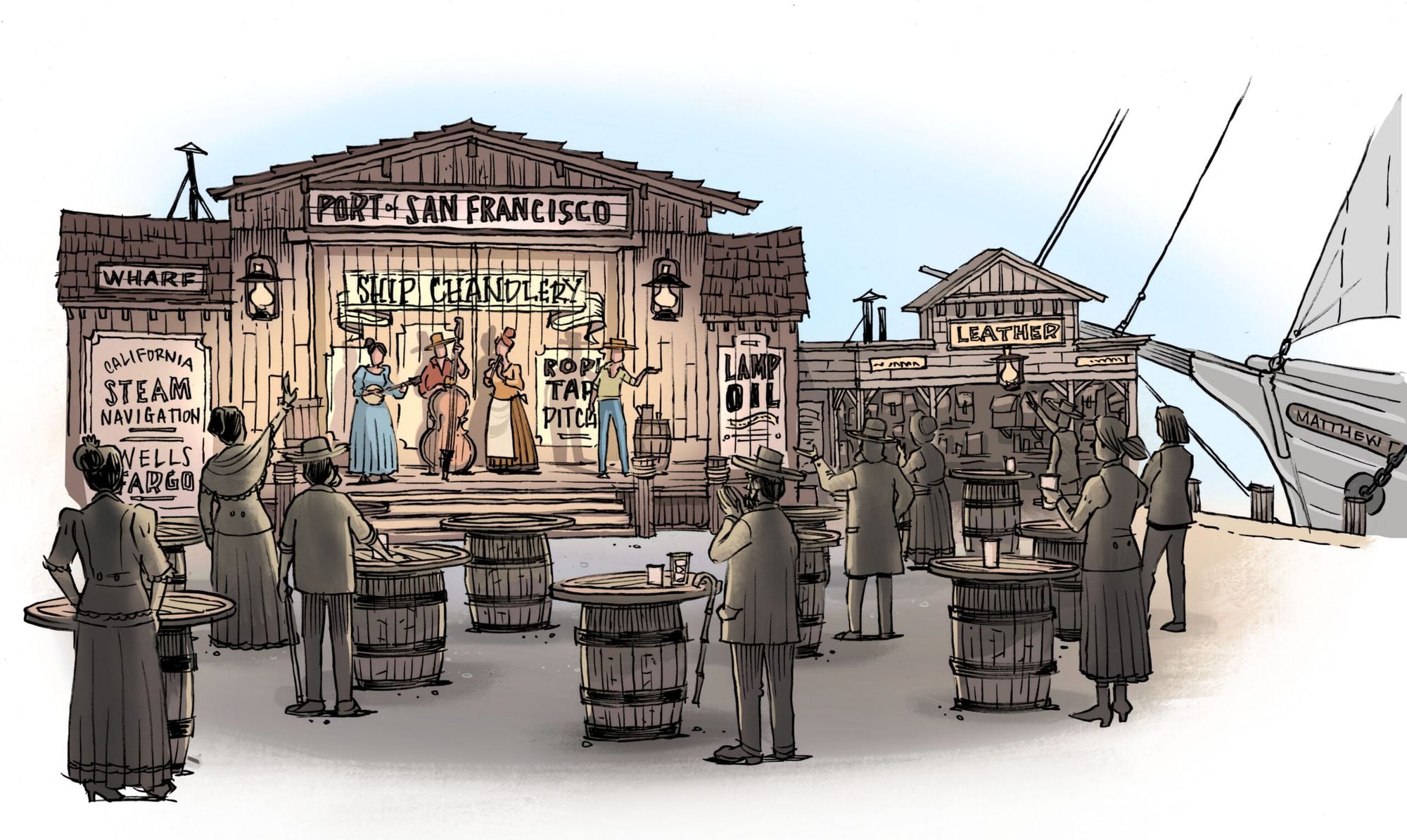 Costumed performers and hand-built Gold Rush-era storefronts at the San Francisco Historium Spotlight on Pier 35