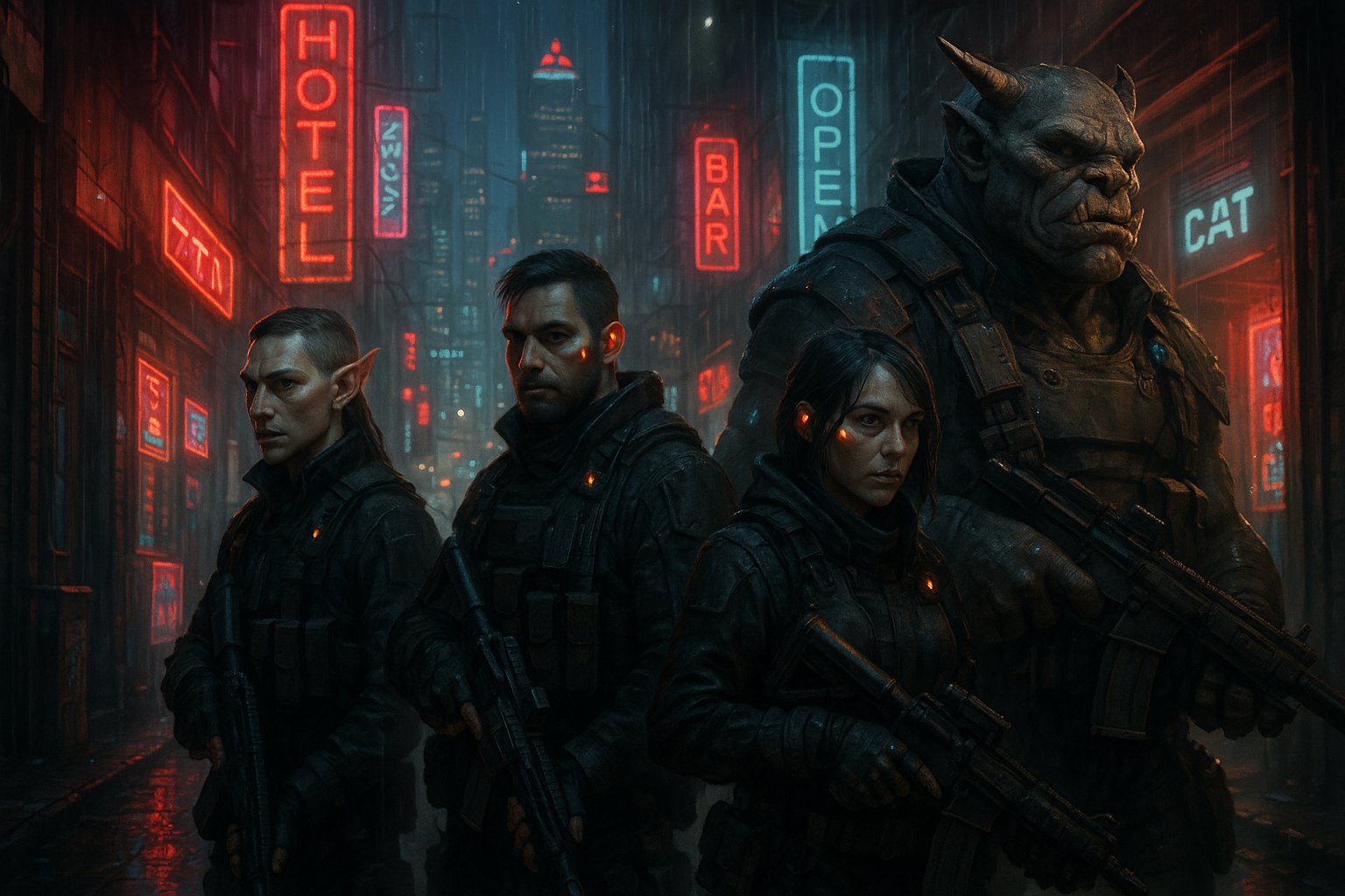 Shadowrun Anarchy 2.0 Kickstarter page art showing cyberpunk urban scene with shadowrunners