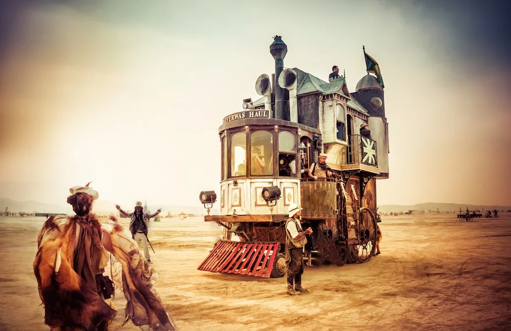 Hand-built steampunk sculptural vehicles competing in the Obtainium Cup Contraptor's Rally on Mare Island, Vallejo, California