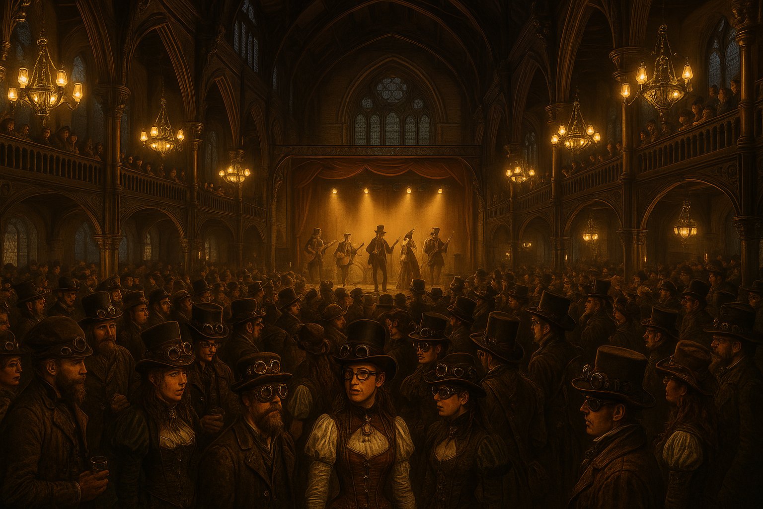 Weekend at the Asylum 16 steampunk festival promotional artwork showing Victorian-costumed attendees and performers