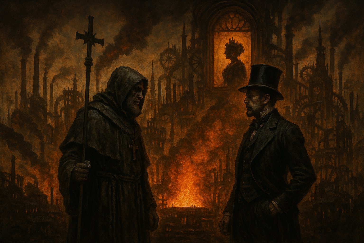 Brass and Embers steampunk TTRPG Kickstarter campaign art showing the machnite-powered industrial world