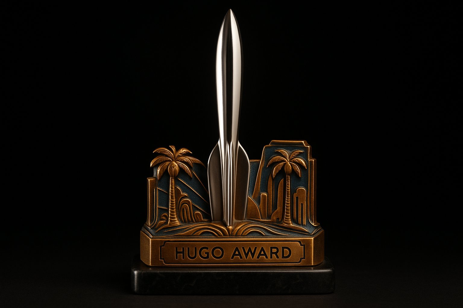 The 2026 Hugo Award base designed by Scott Lefton, featuring the iconic rocket atop a Southern California-themed base
