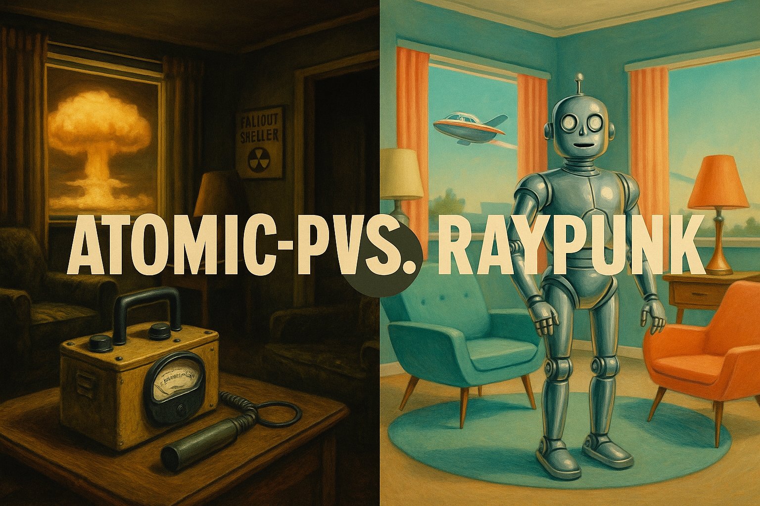 Split illustration contrasting AtomicPunk (dark, Geiger counter, mushroom cloud) on the left with Raypunk (bright, chrome robot, flying car) on the right, in a vintage 1950s magazine cover style