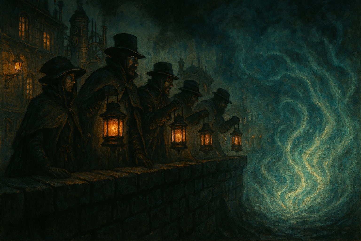 Time Without Tide: Mirth and Misery in the World of Fog official BackerKit campaign art, showing faux-Victorian steampunk explorers with lanterns in a fog-shrouded post-apocalyptic world