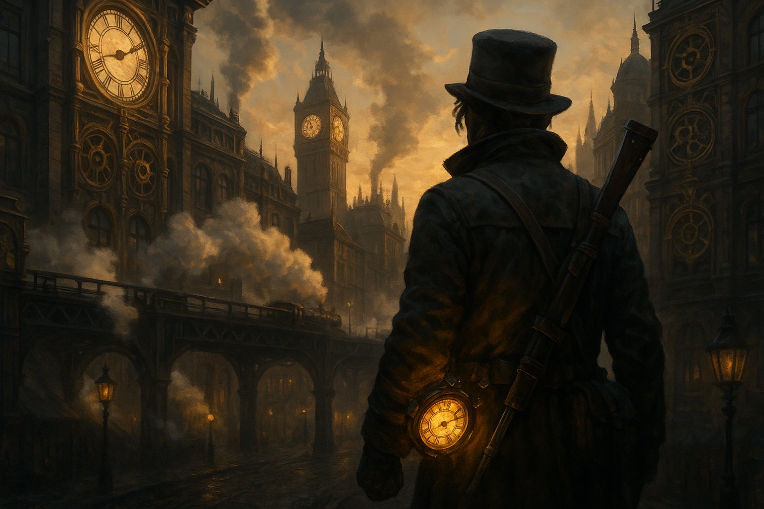 Clockwork Revolution key art showing the steampunk city of Avalon with Victorian architecture, overhead steam trains, and clockwork technology