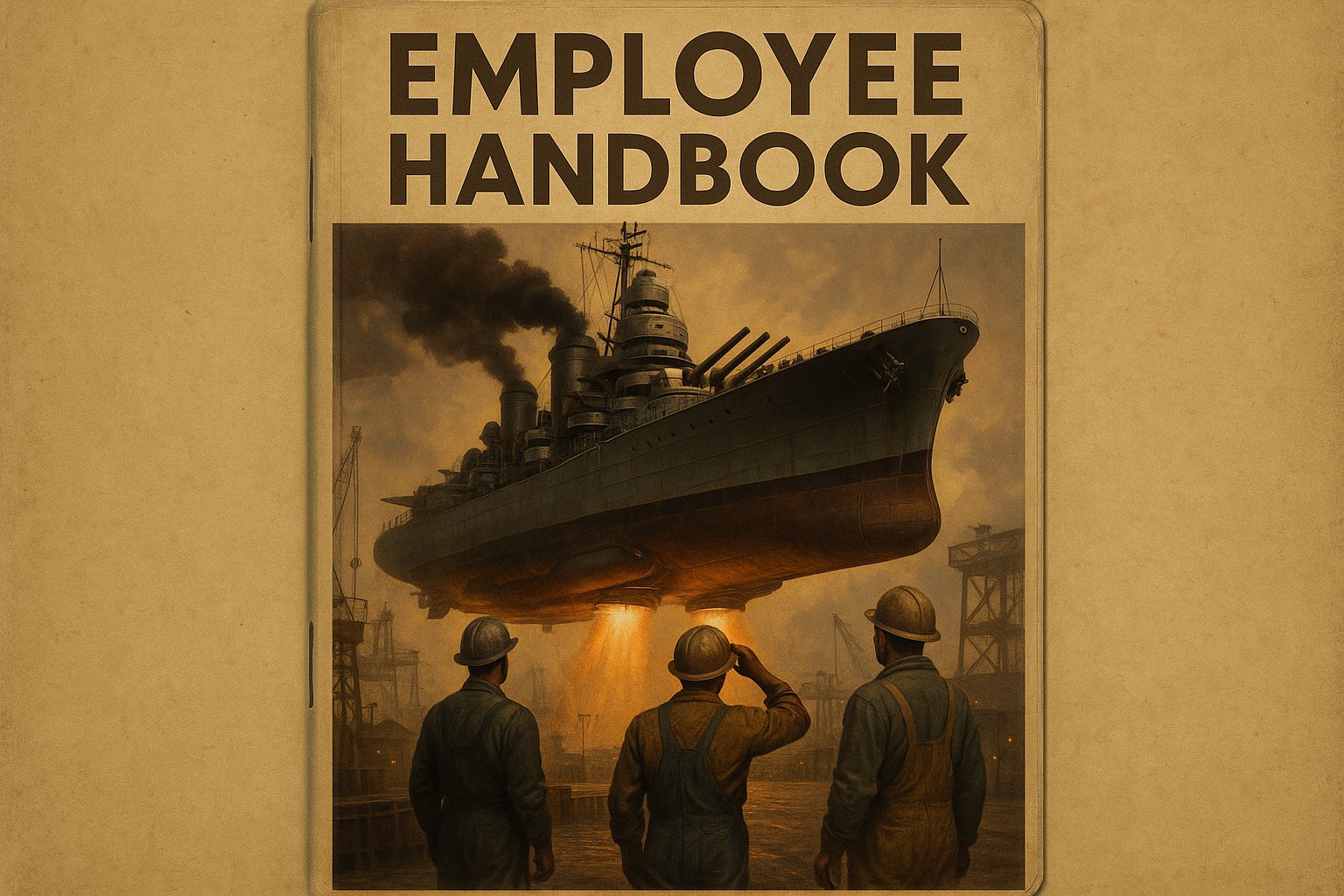 Cover or interior art from the Employee Handbook: Portsmouth Aeroshipbuilding Co. dieselpunk art book by Tony Snipes, showing 1940s-era shipyard workers and flying warships