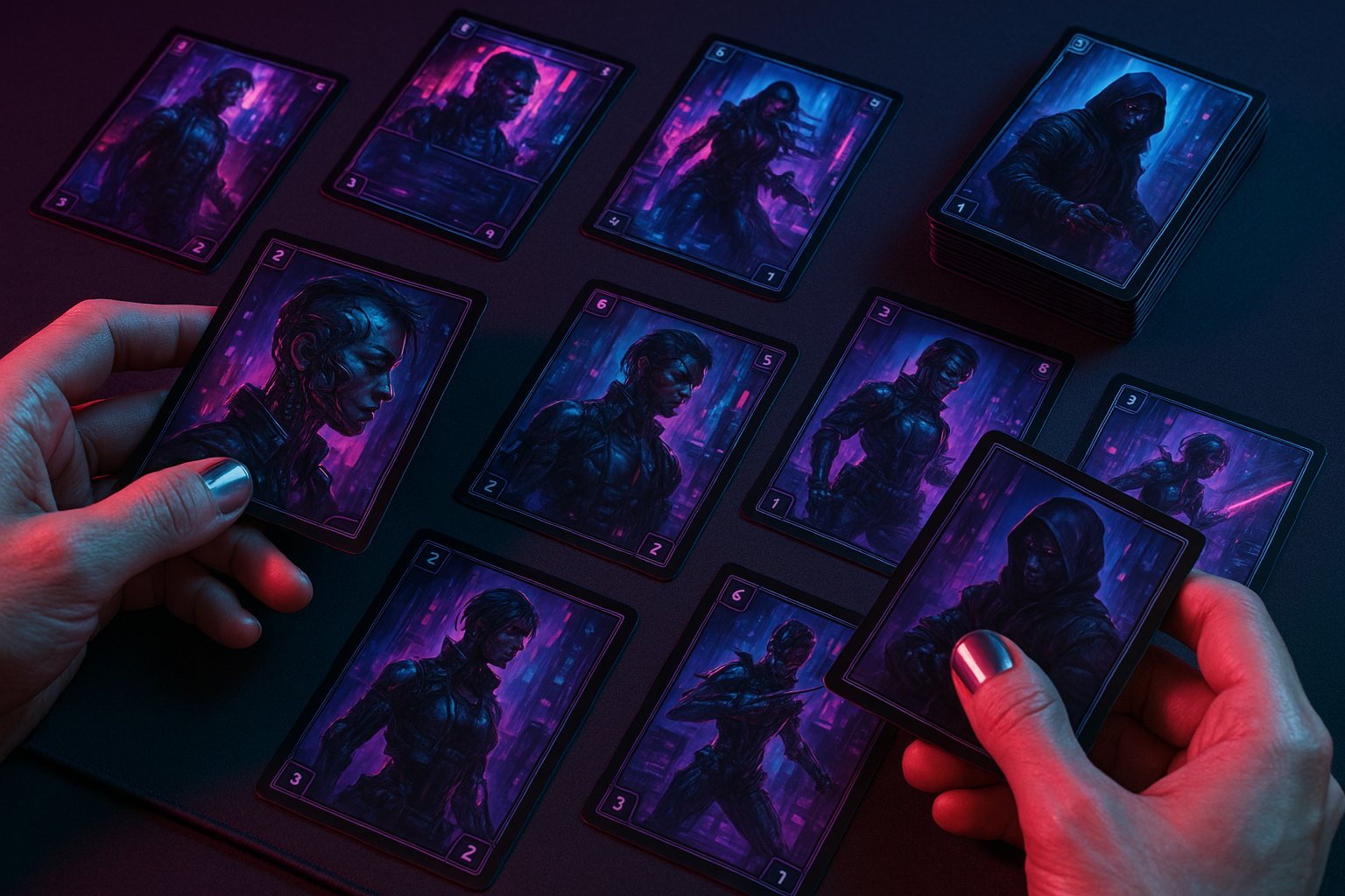 Official Cyberpunk TCG card art featuring Night City characters including V, Johnny Silverhand, and Jackie Welles