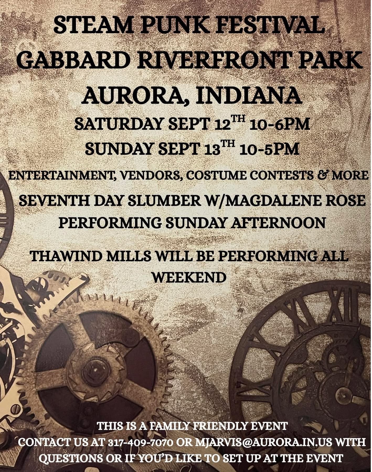Aurora Indiana first Steam Punk Festival at Gabbard Riverfront Park, steampunk costumed attendees along the Ohio River