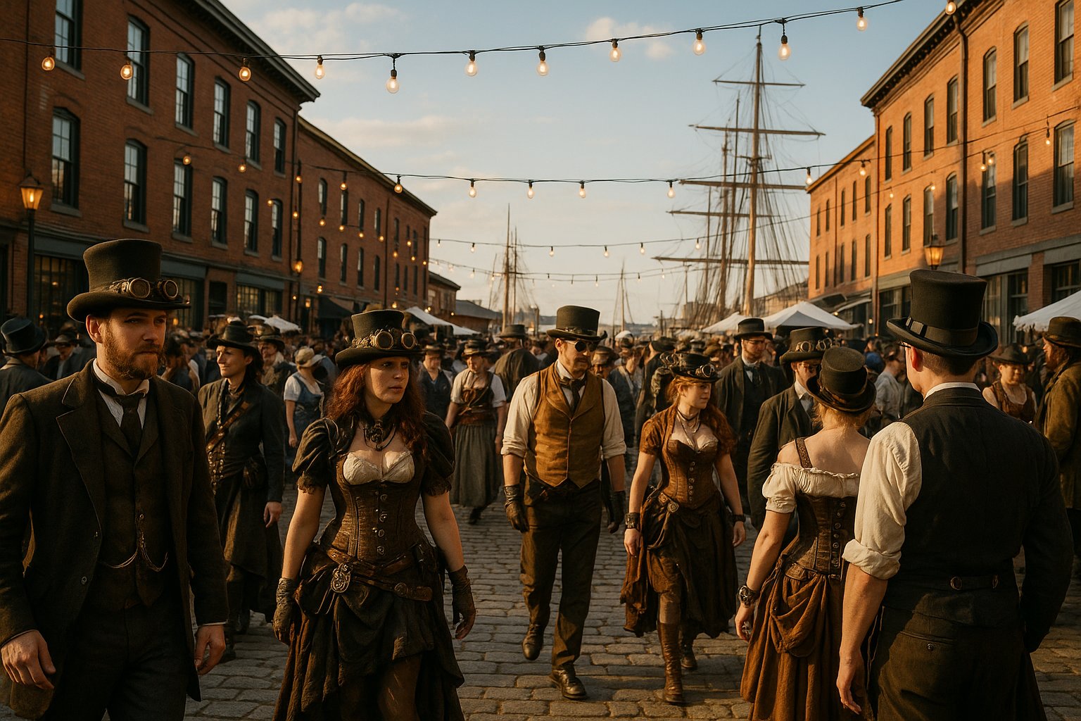 Steampunk costumed attendees at an outdoor festival in a historic New England waterfront setting