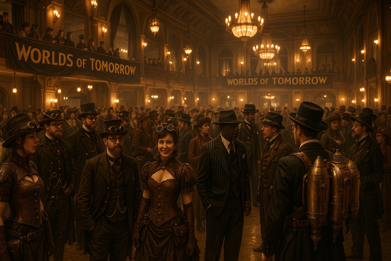 Key City Steampunk Convention 2026 Worlds of Tomorrow theme, costumed attendees in Victorian and retro-futurist attire