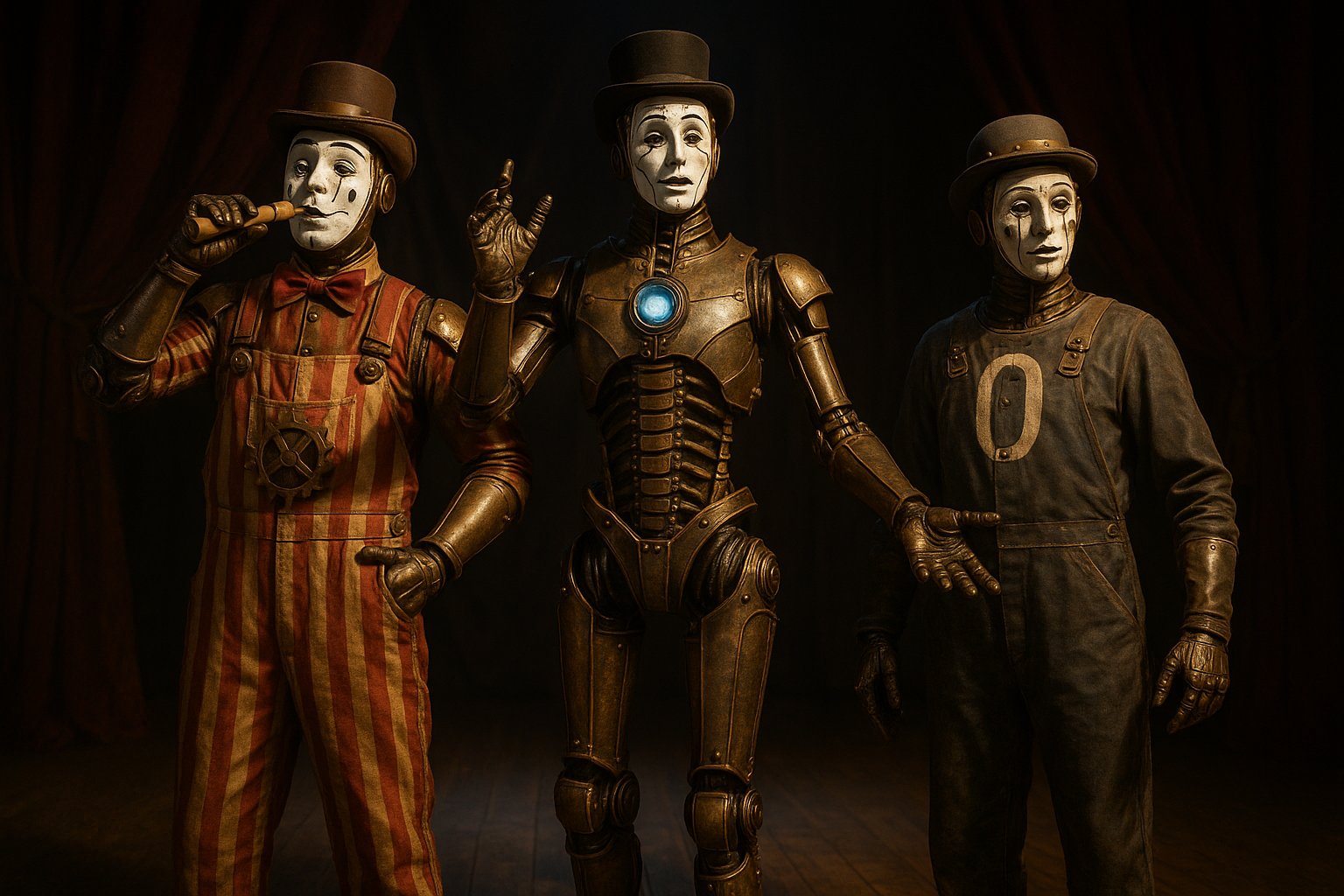 Steam Powered Giraffe robots Toast, Zer0, and The Spine in Victorian steampunk robot stage costumes