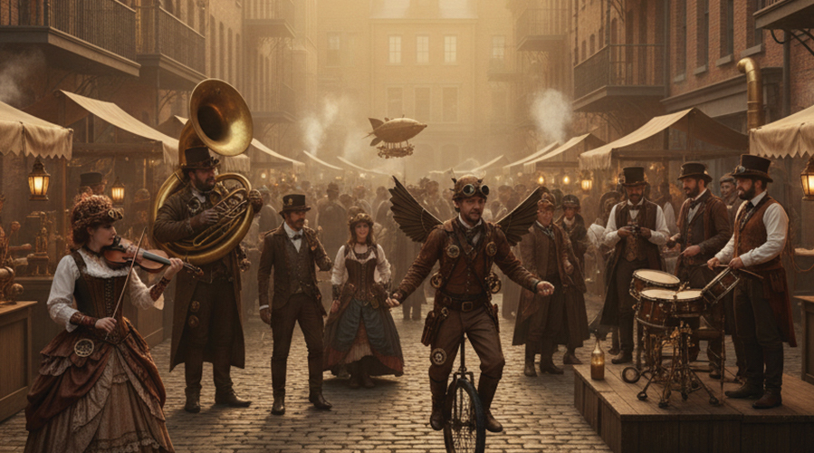 Costumed steampunk festival-goers on the historic Victorian streets of downtown Hannibal, Missouri at the Big River Steampunk Festival