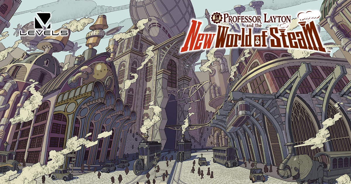 Professor Layton and the New World of Steam official artwork showing the steampunk city of Steam Bison