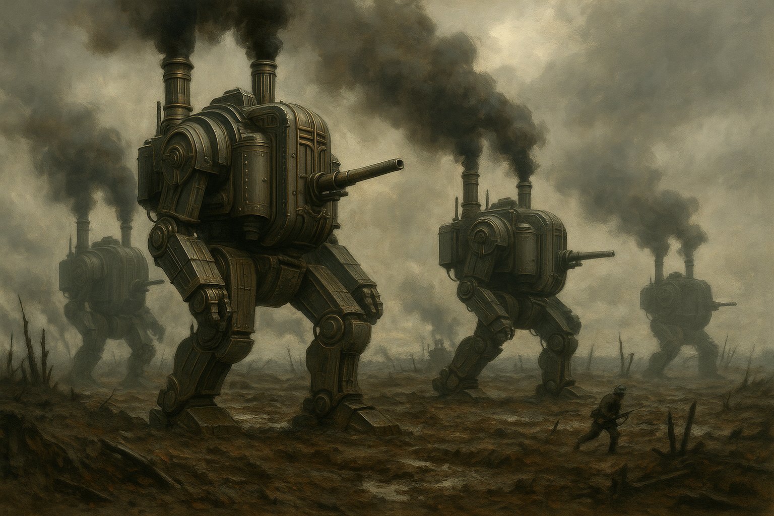Veil of Ashes dieselpunk mecha RTS gameplay screenshot showing armored walking machines on an alternate-history battlefield