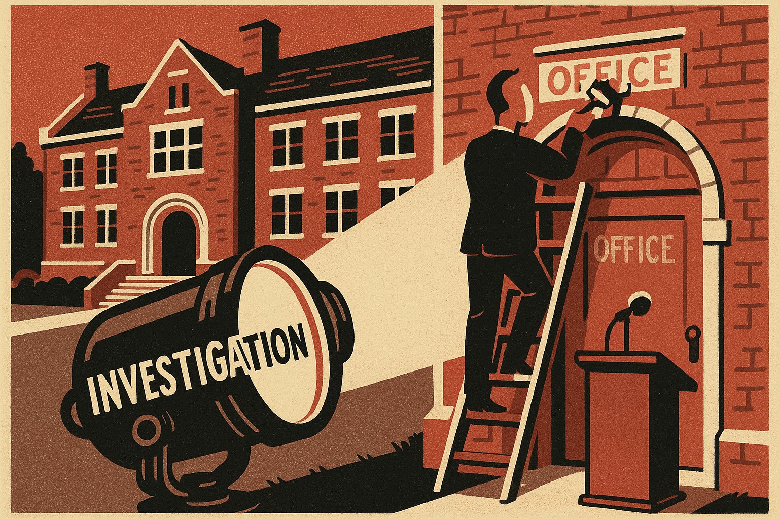 Editorial cartoon illustration: a university administrator repaints the sign on an office door while a disciplinary spotlight falls on an empty lectern instead.