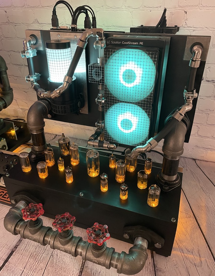 Hydropower, a scratch-built PC in black-stained pine with iron pipe and vintage gauges