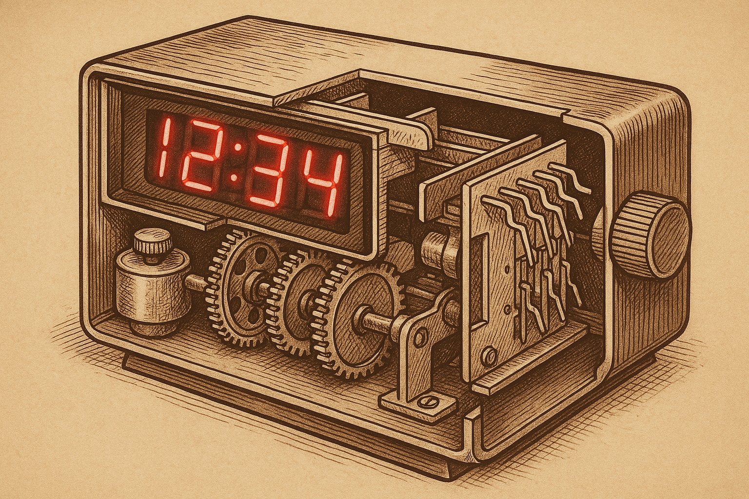 Engraving-style illustration of a 1970s neon seven-segment clock with its gear train and contact plates exposed