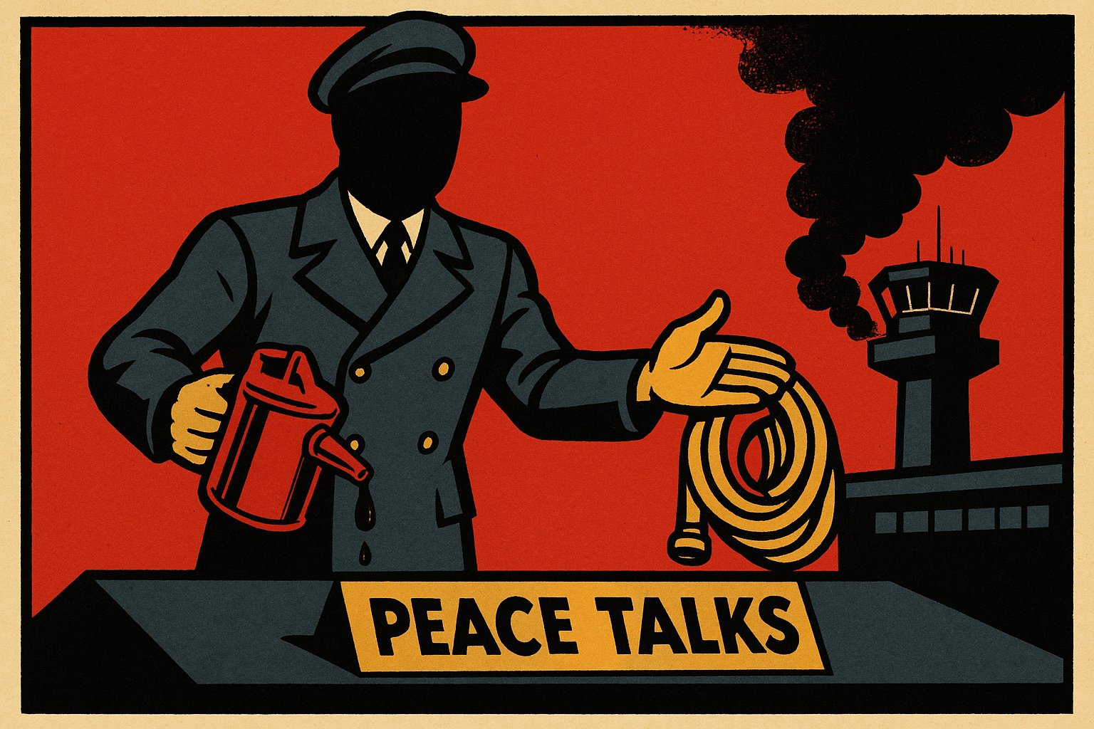 Editorial cartoon illustration: a uniformed figure holding a dripping gas can offers a garden hose across a desk to a burning airport control tower.