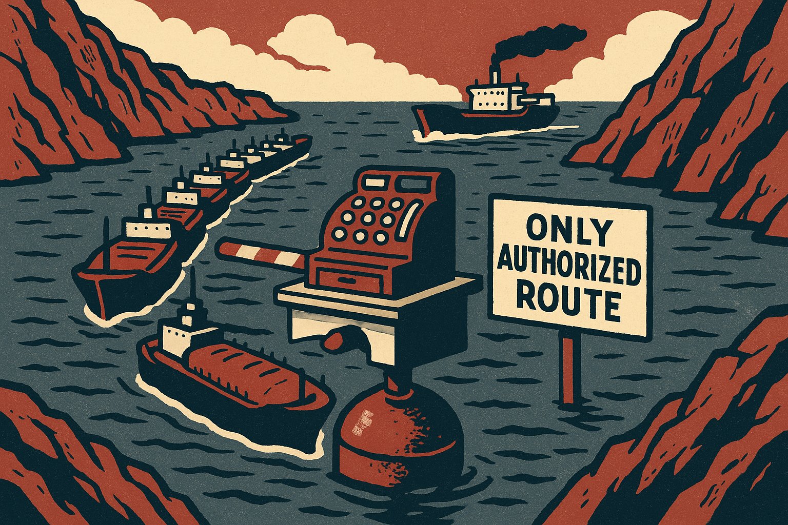 Editorial cartoon illustration: a toll booth with a striped barrier set in the middle of a narrow sea strait, a long line of oil tankers queued in front of it, one tanker detouring along the far shore.