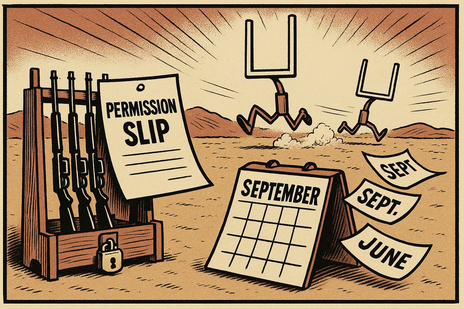 Editorial cartoon illustration: a pair of soccer goalposts on cartoon legs sprinting across a desert while a stack of rifles stays locked in a rack labelled with a permission slip.